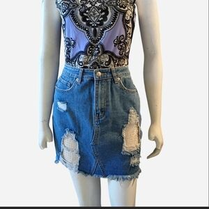 Y2K Denim Blvd LA Sz M Distressed Blue Denim Mini Skirt W/ Mesh Sequin & Beads